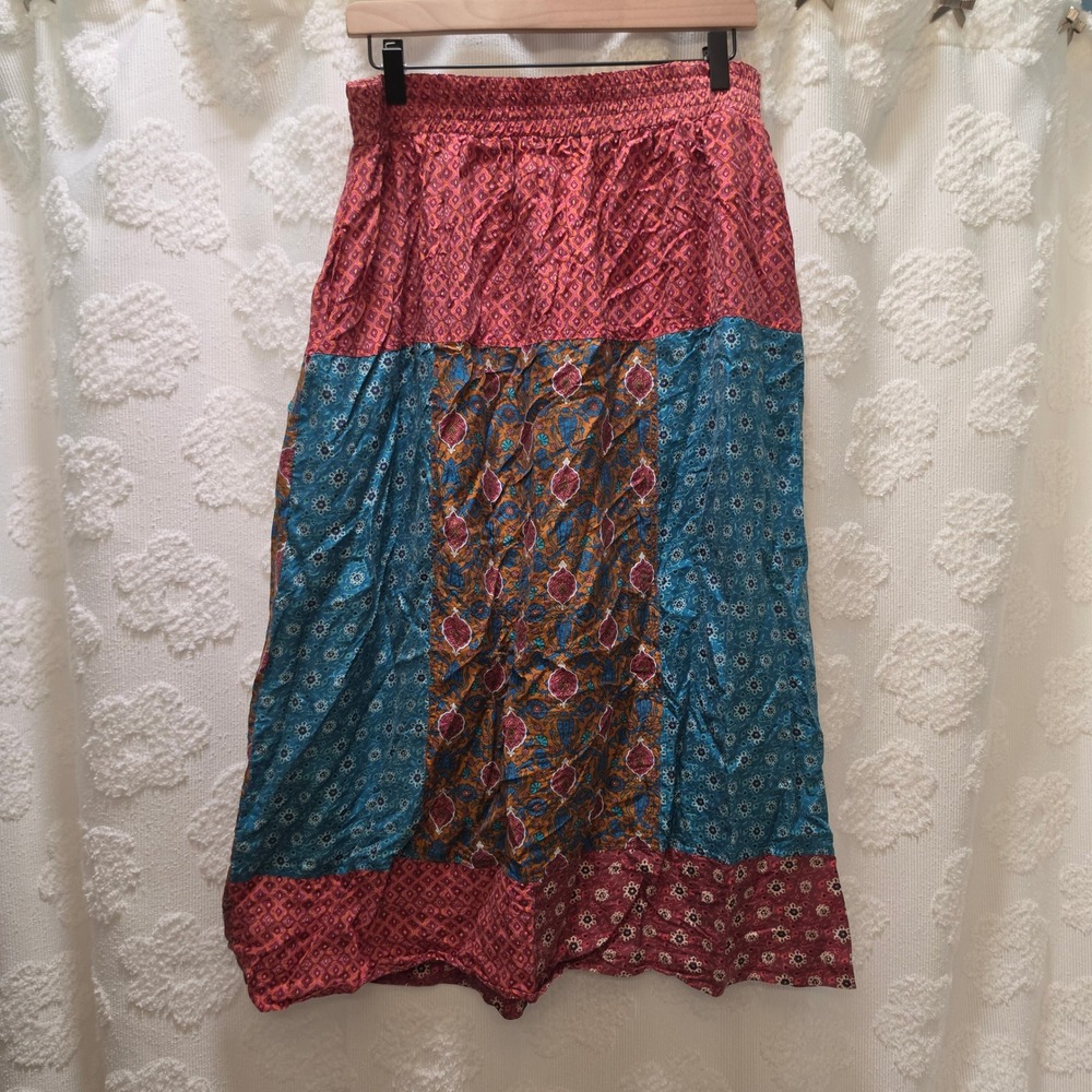 Carole Little Vintage 90s 100% Silk Patchwork Floral Maxi Skirt‎ Womens 14 Boho